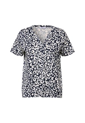 Navy short-sleeve top with a V-neck, featuring a white leopard print pattern. Fabric appears soft with a relaxed fit.