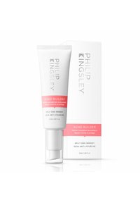 Weiße Tube mit Pumpenverschluss, beschriftet mit "BOND BUILDER" in Grau und Rosa. Begleitet von einer weißen Box mit ähnlicher Markenkennzeichnung. 50ml.