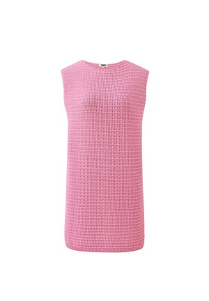 Débardeur en tricot rose sans manches avec un motif texturé, encolure ronde et ourlet droit. Matériau léger adapté à un usage décontracté.