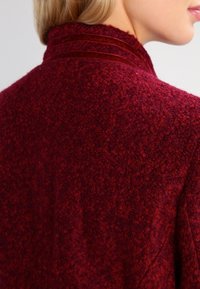 Bordeaux gekleurde textuurjack met een hoge kraag en drie decoratieve plooien aan de achterkant. Zacht, warm materiaal met een fuzzy uitstraling.