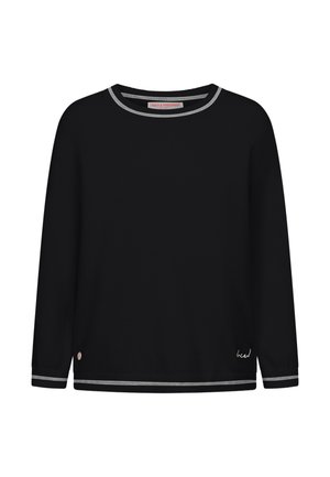 Zwarte sweatshirt met lange mouwen, grijze afwerking op de kraag, manchetten en zoom, met kleine witte geborduurde tekst nabij de rechteronderzijde.