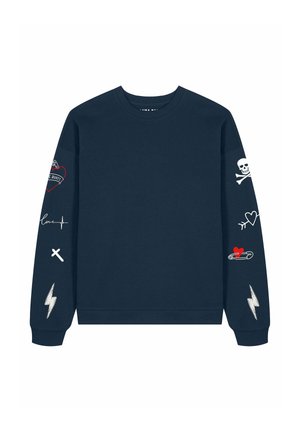 Marineblauwe sweatshirt van katoen, met decoratieve geborduurde graphics: schedel, harten, bliksemschichten en stiksels op de mouwen.