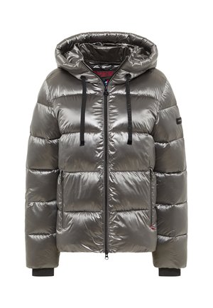 Puffjacke in metallicgrau, ausgestattet mit einer Kapuze, einem Reißverschluss, zwei Seitentaschen und verstellbaren Zugbändern im gesteppten Design.