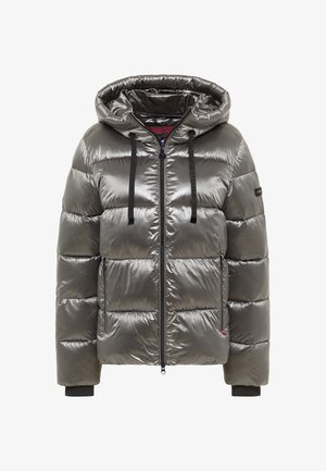 Kurtka puchowa w metaliczno-szarym kolorze, z kapturem, zapięciem na zamek błyskawiczny, dwiema bocznymi kieszeniami oraz regulowanymi sznurkami, z pikowanym wzorem.