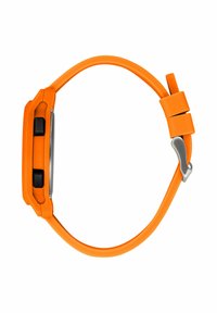 Orange Silikonarmbanduhr mit rechteckigem Gehäuse, zwei schwarzen Tasten und einem Edelstahlverschluss. Glatte Textur mit flexiblem Armband.