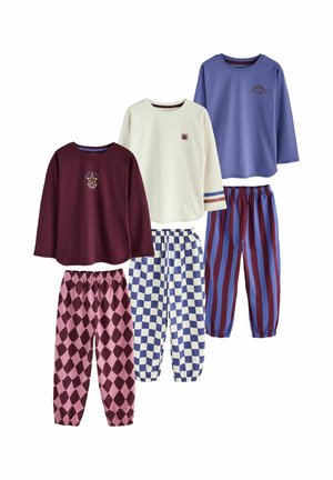 Drei Sets langärmlige Oberteile und Hosen mit elastischem Bund mit karierten, gestreiften und diamantförmigen Mustern in Lila, Creme, Blau und Pink.