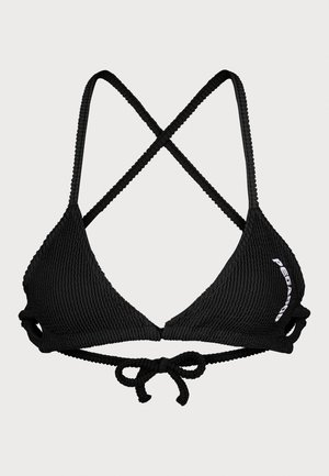 Svart bikini topp med ribbestruktur, trekantede kopper og kryssede stropper. Har justerbare knytninger bak med en hvit logoakcent.