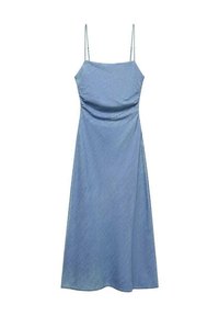 Light blue denim dress with thin adjustable straps, fitted bodice, and a flowing, A-line skirt. Smooth texture with subtle sheen.
