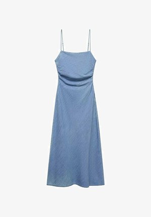 Jasnoniebieska sukienka dżinsowa z cienkimi, regulowanymi ramiączkami, dopasowanym gorsetem i zwiewnym, w kształcie litery A dołem. Gładka faktura z delikatnym połyskiem.