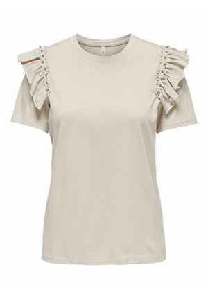 Lys beige t-shirt med korte ærmer, der har rynkede detaljer på skuldrene prydet med dekorative knapper. Blød stoftekstur.