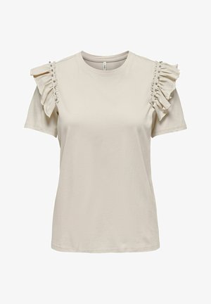 Lichtbeige T-shirt met korte mouwen, voorzien van gerimpelde accenten op de schouders versierd met decoratieve knopen. Zachte stofstructuur.