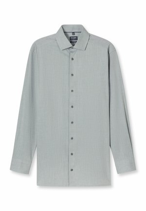 Hellgraues, langärmliges Hemd mit dezent strukturiertem Muster, Standardkragen und dunklen Knöpfen vorne.