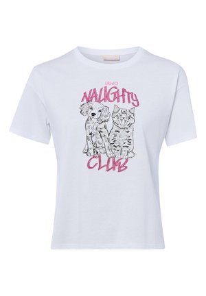 T-shirt bianca a maniche corte con schizzo nero di un cane e un gatto sorridente e testo rosa con scritto "Naughty Club" sul davanti.