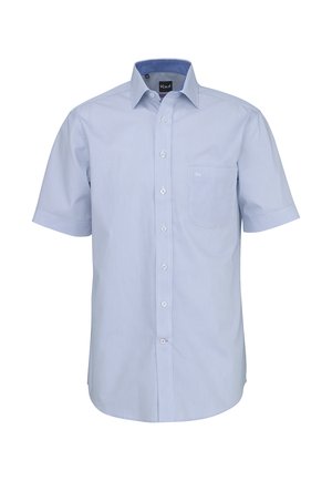 Hellblaues kurzärmeliges Hemd mit Knopfleiste, Kragen und Brusttasche, mit einem dezenten strukturierten Muster.