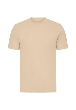 Beige T-Shirt mit kurzen Ärmeln, aus weicher Baumwolle, mit rundem Halsausschnitt und geradem Schnitt. Schlichtes Design ohne Muster oder Akzente.