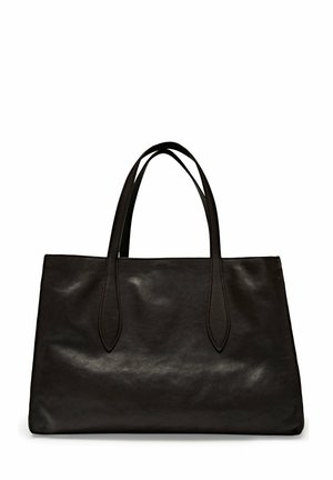Zwarte lederen tote bag met een gladde textuur, rechthoekige vorm en twee verlengde handvatten. Minimalistisch ontwerp zonder zichtbare hardware.
