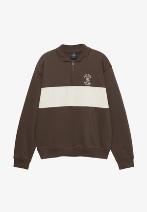 Brun pullover med hvid vandret stribe over brystet, halvlukket krave med lynlås og hvid tekst "Race Ride Wild Card Maryland" med cyklistgrafik på brystet.