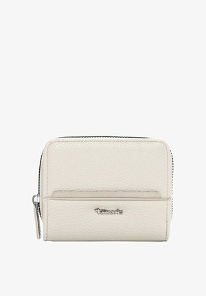 Witte leren portemonnee, met een textuur aan het oppervlak, ritssluiting, voorste vak voor kaarten, klein formaat, zilverkleurige logodetails aan de voorkant.
