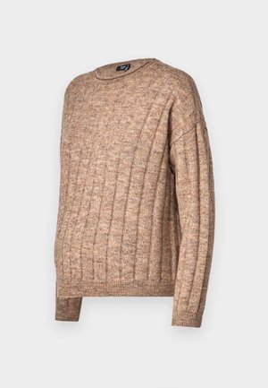 Brauner, gerippter Pullover mit Rundhalsausschnitt, der ein strukturiertes Strickdesign aufweist. Lange Ärmel und eine lockere Passform, mit sichtbaren Nahtdetails.