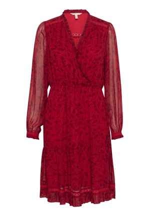 Rochie florală roșie dintr-un material ușor. Dispune de mâneci lungi din material transparent, decolteu în V, talie ajustată și un tiv cu volane în straturi.