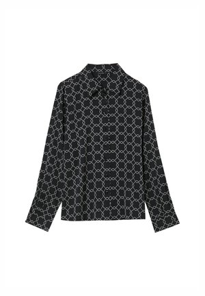 Schwarzes Langarmshirt mit einem geometrischen weißen Muster. Verfügt über einen Kragen und Knöpfe entlang der Vorderseite, hergestellt aus glattem Stoff.