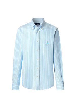Light blue button-up shirt with vertical white stripes, a collared neck, and long sleeves, featuring a small embroidered logo on the chest.