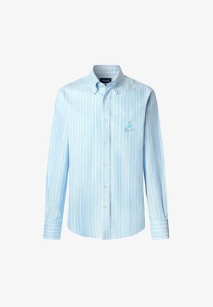 Light blue button-up shirt with vertical white stripes, a collared neck, and long sleeves, featuring a small embroidered logo on the chest.