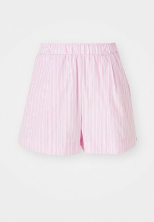Gaiši rozā šorti ar baltām vertikālām svītrām, ar elastīgu jostasvietu un brīvu piegriezumu, izgatavoti no mīksta, viegla auduma.