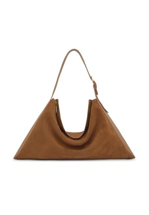 Brązowa trójkątna skórzana torba na ramię z pojedynczym górnym uchwytem i miękką, luźną strukturą.