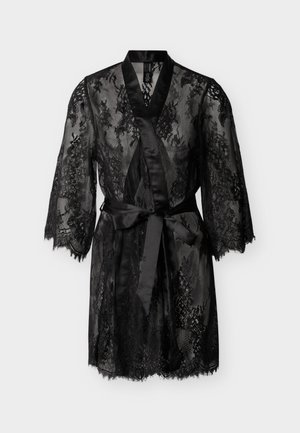 Black lace robe featuring a satin belt, 3/4 sleeves, and intricate floral patterns, with a sheer texture and scalloped hem.