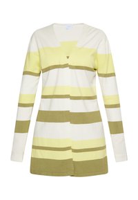 Cárdigan de manga larga con escote en V, con rayas horizontales en amarillo, crema y verde oliva. Hecho de una suave tela de punto.