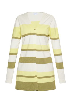 Langärmlige Strickjacke mit V-Ausschnitt, mit horizontalen Streifen in Gelb, Creme und Olivgrün. Hergestellt aus einem weichen Strickstoff.