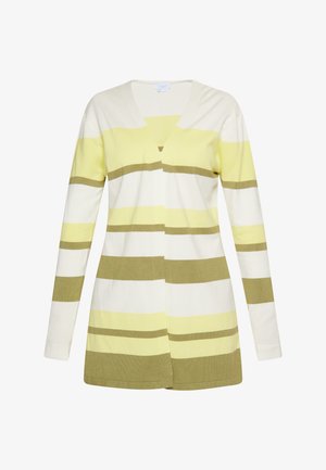 Long-sleeve cardigan with a V-neck, featuring horizontal stripes in yellow, cream, and olive green. Made of a soft knit fabric.