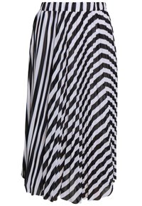 Svart och vit plisserad kjol med diagonala och chevronrandiga mönster samt elastisk midjeband.
