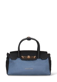 Borsa blu e nera con un mix di suede e pelle, caratterizzata da una chiusura in tono oro, doppi manici e logo "pierre cardin" sul davanti.