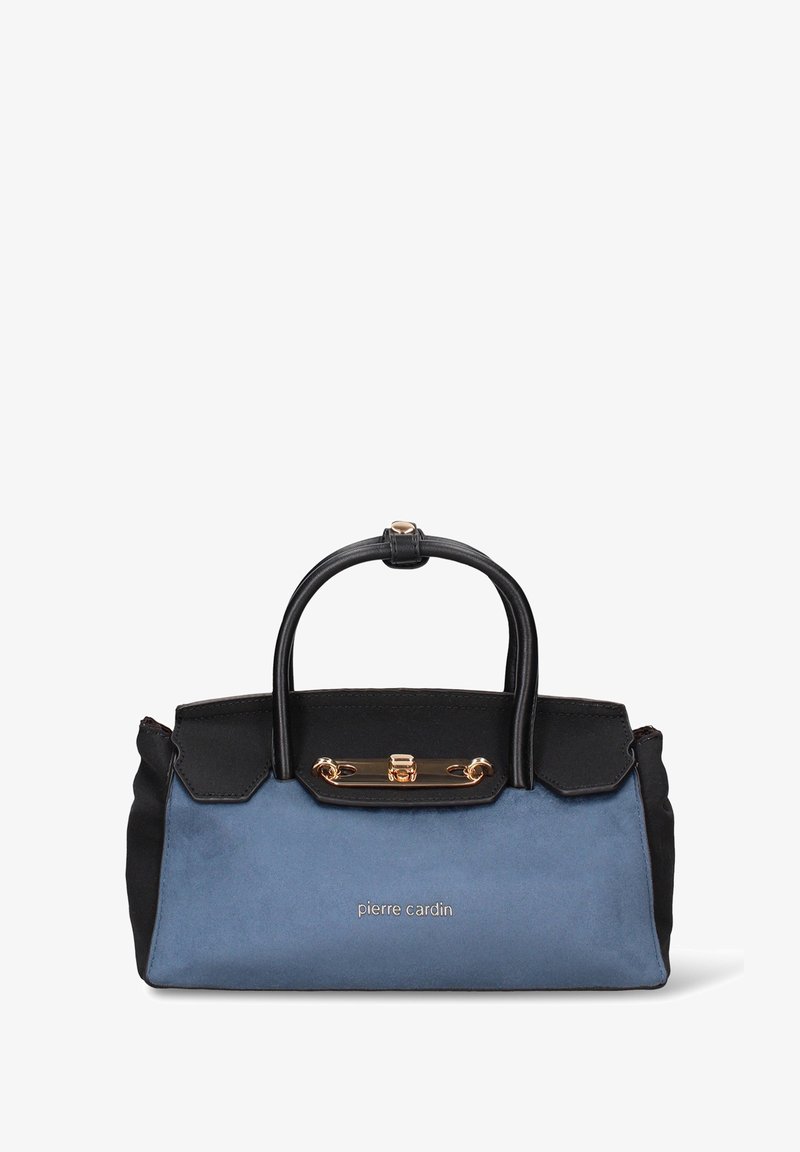 Borsa blu e nera con un mix di suede e pelle, caratterizzata da una chiusura in tono oro, doppi manici e logo "pierre cardin" sul davanti.
