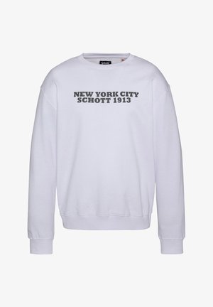 Sudadera blanca con cuello redondo y mangas largas. Presenta texto gris que dice "NEW YORK CITY SCHOTT 1913" en el pecho. Material suave.