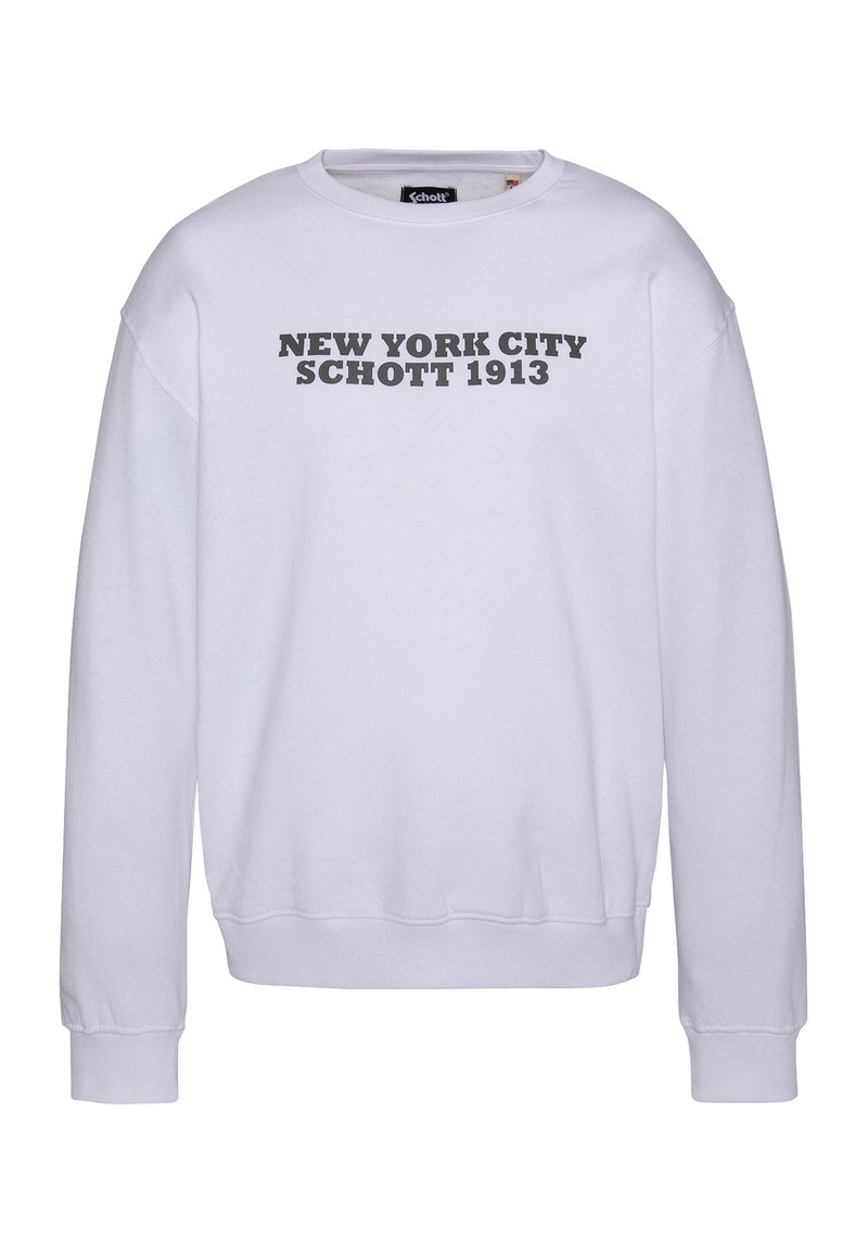 Biała bluza z okrągłym dekoltem i długimi rękawami. Z przodu znajduje się szary napis "NEW YORK CITY SCHOTT 1913" na piersi. Miękki materiał.