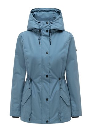 Hellblauer Regenmantel mit Kapuze, vorderen Knöpfen, verstellbaren Taillenschnüren, Pattenentaschen und langen Ärmeln.