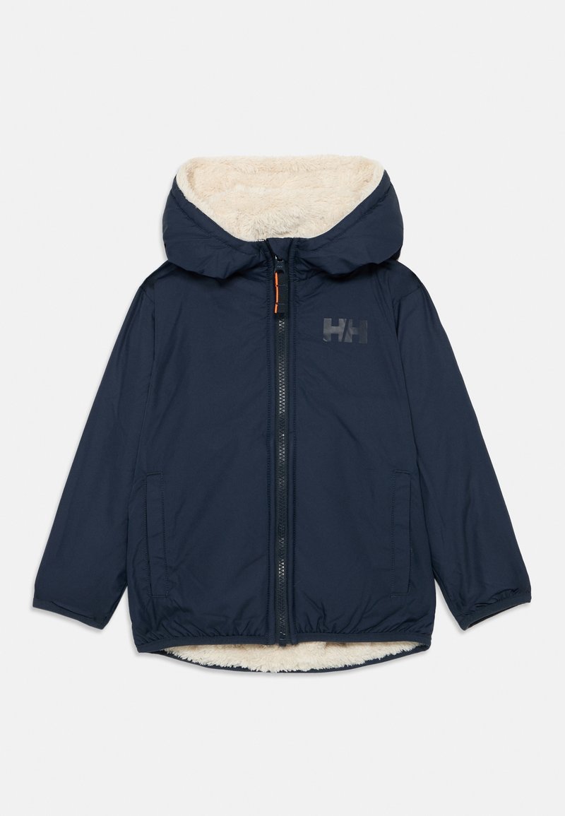 Veste à capuche bleu marine avec fermeture éclair à l'avant, deux poches latérales et doublure polaire beige visible à la capuche et à l'ourlet.