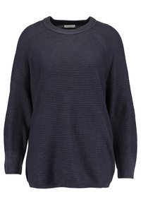 Navyblauer, gestrickter Pullover mit rundem Halsausschnitt, gerippten Bündchen und einem strukturierten, horizontalen Streifenmuster. Bequemer Schnitt mit seitlichen Schlitzen.