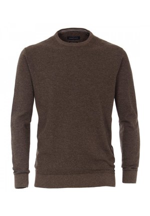 Pull marron à manches longues avec col rond, poignets et ourlet côtelés, en tissu tricoté texturé, présenté sur un fond blanc.