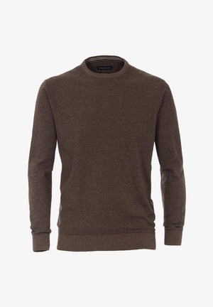 Pull marron à manches longues avec col rond, poignets et ourlet côtelés, en tissu tricoté texturé, présenté sur un fond blanc.