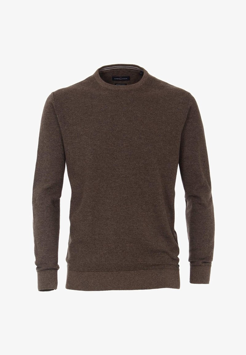 Pull marron à manches longues avec col rond, poignets et ourlet côtelés, en tissu tricoté texturé, présenté sur un fond blanc.