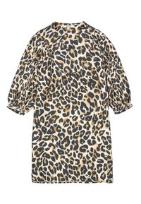 Vestido de estampado de leopardo en beige y negro. Presenta un corte holgado, escote redondo y mangas abullonadas con puños elásticos. Textura de tela suave.