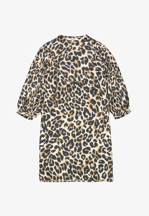 Leopardenmuster Kleid in Beige und Schwarz. Verfügt über eine lockere Passform, einen runden Ausschnitt und Puffärmel mit elastischen Bündchen. Weiche Stofftextur.