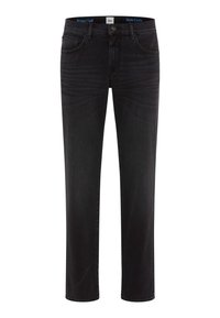 Jeans in denim nero con taglio dritto, design a cinque tasche e chiusura classica con bottoni e zip. Tessuto liscio con una leggera scoloritura.