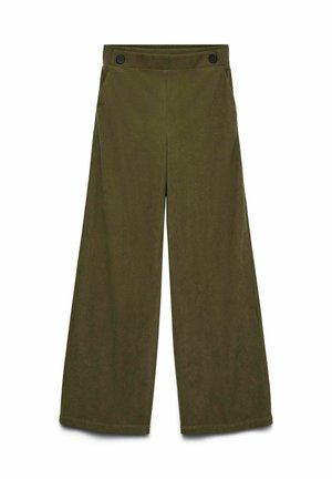 Pantalon large taille haute vert olive avec deux boutons noirs sur la ceinture et poches latérales.