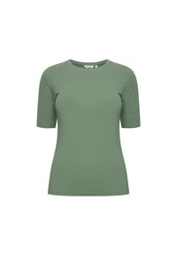 Short-sleeve green t-shirt in soft cotton, featuring a round neckline and a fitted design, with a smooth texture and no visible patterns.