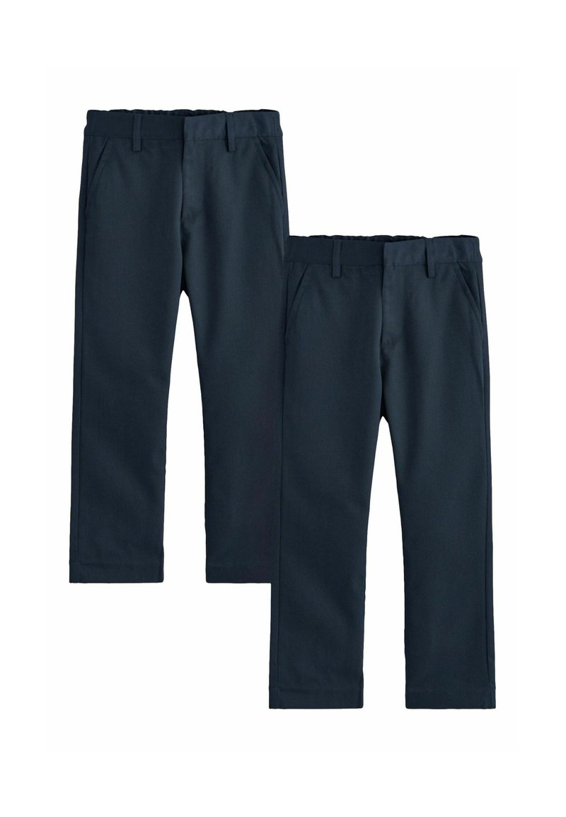Mørkeblå bukser med en glat tekstur, der har forlommer, bæltestropper og et skræddersyet design. To par vist i forskellige størrelser.